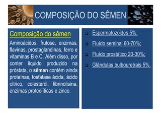 Composição do sêmen
Aminoácidos, frutose, enzimas,
flavinas, prostaglandinas, ferro e
vitaminas B e C. Além disso, por
conter líquido produzido na
próstata, o sêmen contém ainda
proteínas, fosfatase ácida, ácido
cítrico, colesterol, fibrinolisina,
enzimas proteolíticas e zinco.
 Espermatozoides 5%;
 Fluído seminal 60-70%;
 Fluído prostático 20-30%;
 Glândulas bulbouretrais 5%.
COMPOSIÇÃO DO SÊMEN
 