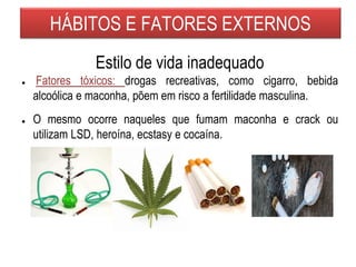 HÁBITOS E FATORES EXTERNOS
Estilo de vida inadequado
● Fatores tóxicos: drogas recreativas, como cigarro, bebida
alcoólica e maconha, põem em risco a fertilidade masculina.
● O mesmo ocorre naqueles que fumam maconha e crack ou
utilizam LSD, heroína, ecstasy e cocaína.
 