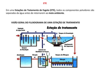 Em uma Estações de Tratamento de Esgoto (ETE), todos os componentes poluidores são
separados da água antes de retornarem ao meio ambiente.
VISÃO GERAL DO FLUXOGRAMA DE UMA ESTAÇÃO DE TRATAMENTO
ETE
 