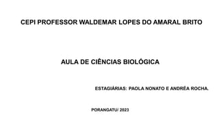 CEPI PROFESSOR WALDEMAR LOPES DO AMARAL BRITO
AULA DE CIÊNCIAS BIOLÓGICA
ESTAGIÁRIAS: PAOLA NONATO E ANDRÉA ROCHA.
PORANGATU/ 2023
 