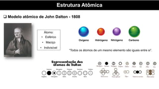 Estrutura Atômica
 Modelo atômico de John Dalton - 1808
Átomo:
• Esférico
• Maciço
• Indivisível
“Todos os átomos de um mesmo elemento são iguais entre si”.
 