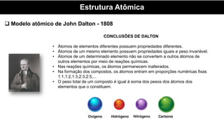 Estrutura Atômica
 Modelo atômico de John Dalton - 1808
CONCLUSÕES DE DALTON
• Átomos de elementos diferentes possuem propriedades diferentes.
• Átomos de um mesmo elemento possuem propriedades iguais e peso invariável.
• Átomos de um determinado elemento não se convertem a outros átomos de
outros elementos por meio de reações químicas.
• Nas reações químicas, os átomos permanecem inalterados.
• Na formação dos compostos, os átomos entram em proporções numéricas fixas
1:1,1:2,1:3,2:3,2:5,...
• O peso total de um composto é igual à soma dos pesos dos átomos dos
elementos que o constituem.
 