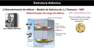 Estrutura Atômica
 Descobrimento do elétron – Modelo de Atômico de J.J Thomson - 1897
Determinação da carga do elétron
Robert Millikan (1968-1953)
1903 – Prêmio Nobel de Física
“Por seu trabalho com a carga
elementar e com o efeito
fotoelétrico ”
 