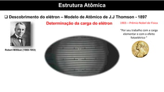 Estrutura Atômica
 Descobrimento do elétron – Modelo de Atômico de J.J Thomson - 1897
Determinação da carga do elétron
Robert Millikan (1968-1953)
1903 – Prêmio Nobel de Física
“Por seu trabalho com a carga
elementar e com o efeito
fotoelétrico ”
 