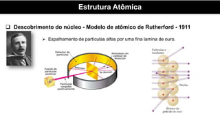 Estrutura Atômica
 Espalhamento de partículas alfas por uma fina lamina de ouro.
 Descobrimento do núcleo - Modelo de atômico de Rutherford - 1911
 