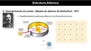 Estrutura Atômica
 Espalhamento de partículas alfas por uma fina lamina de ouro.
 Descobrimento do núcleo - Modelo de atômico de Rutherford - 1911
 