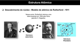 Estrutura Atômica
 Descobrimento do núcleo - Modelo de atômico de Rutherford - 1911
Nesse ponto, Rutherford retomou uma
ideia proposta em 1904 pelo físico
japonês H. Nagaoka:
Estrutura
saturniana
Estrutura
Planetária
 