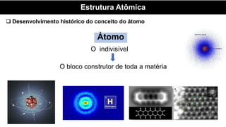 Estrutura Atômica
Átomo
O indivisível
O bloco construtor de toda a matéria
 Desenvolvimento histórico do conceito do átomo
 