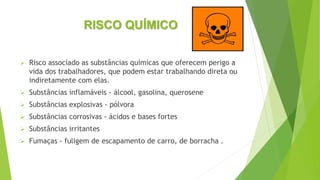 RISCO QUÍMICO
 Risco associado as substâncias químicas que oferecem perigo a
vida dos trabalhadores, que podem estar trabalhando direta ou
indiretamente com elas.
 Substâncias inflamáveis - álcool, gasolina, querosene
 Substâncias explosivas - pólvora
 Substâncias corrosivas - ácidos e bases fortes
 Substâncias irritantes
 Fumaças - fuligem de escapamento de carro, de borracha .
 