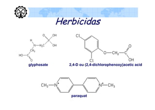 Herbicidas



glyphosate      2,4-D ou (2,4-dichlorophenoxy)acetic acid




                 paraquat
 