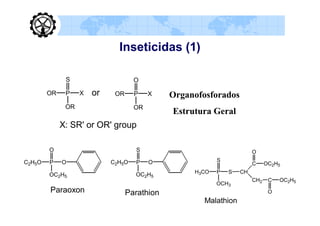 Inseticidas (1)

              S                     O

        OR    P    X   or    OR     P    X    Organofosforados
              OR                    OR
                                              Estrutura Geral
             X: SR' or OR' group

        O                           S                                  O
C2H5O   P    O              C2H5O   P    O                S
                                                                       C     OC2H5
                                                   H3CO   P   S   CH
        OC2H5                       OC2H5
                                                                       CH2    C   OC2H5
                                                          OCH3
        Paraoxon                  Parathion                                   O
                                                      Malathion
 