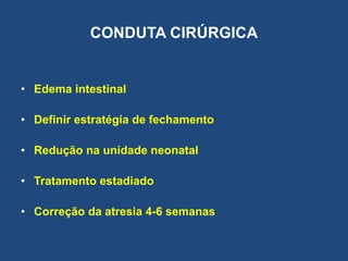 CONDUTA CIRÚRGICA
• Edema intestinal
• Definir estratégia de fechamento
• Redução na unidade neonatal
• Tratamento estadiado
• Correção da atresia 4-6 semanas
 