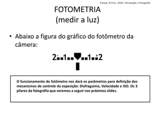 O funcionamento do fotômetro nos dará os parâmetros para definição dos
mecanismos de controle da exposição: Diafraguima, Velocidade e ISO. Os 3
pilares da fotográfia que veremos a seguir nos próximos slides.
FOTOMETRIA
(medir a luz)
• Abaixo a figura do gráfico do fotômetro da
câmera:
Freitas, M.R.N., 2020- Introdução a Fotografia
 