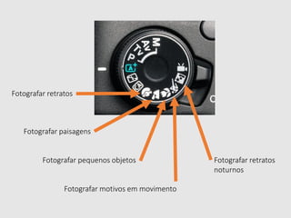 Fotografar retratos
Fotografar paisagens
Fotografar pequenos objetos
Fotografar motivos em movimento
Fotografar retratos
noturnos
 