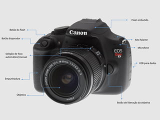 Botão disparador
Objetiva
Botão de liberação da objetiva
Flash embutido
Microfone
USB para dados
Seleção de foco
automático/manual
Empunhadura
Botão do flash
Alto-falante
 