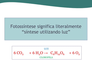 Fotossíntese significa literalmente
“síntese utilizando luz”

LUZ

6 CO2

+ 6 H2O → C6H12O6
CLOROFILA

+ 6 O2

 