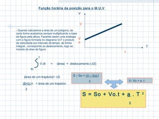 Função horária da posição para o M.U.V 
V 
T 
- Quando calculamos a área de um polígono, de 
certa forma acabamos sempre multiplicando a base 
da figura pela altura. Fazendo assim uma analogia 
com a figura formada no diagrama VxT o produto 
da velocidade por intervalo de tempo, de forma 
integral , corresponde ao deslocamento, logo ao 
modulo da área da figura. 
to 
V 
t 
V.dt = |área| = deslocamento (DS) 
|área de um trapézio|= DS S – So = (V – Vo).t 
2 
t 
Vo 
(B+b).h = área de um trapézio 
2 
V- Vo = a .t 
S = So + Vo.t + a . T 2 
2 
 
