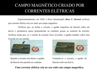 CAMPO MAGNÉTICO CRIADO POR CORRENTES ELÉTRICAS	Experimentalmente, em 1820, o físico dinamarquês Hans C. Oersted verificou que corrente elétrica cria seu redor um campo magnético.	Verificou que, ao fechar o circuito, a agulha magnética da bússola sofria um desvio e permanecia quase perpendicular ao condutor, graças ao aumento da corrente. Verificou ainda que, se o sentido da corrente fosse invertido, a agulha também sofria uma inversão em seu sentido.                       Quando o circuito está aberto, a agulha da bússola fica paralela ao condutor.  Fechando-se o circuito, a agulha da bússola sofre um desvio.   Uma corrente elétrica cria ao seu redor um campo magnético. 
