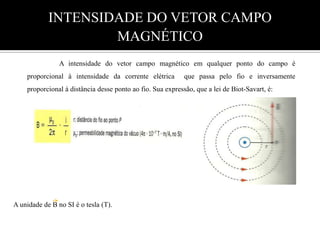 INTENSIDADE DO VETOR CAMPO MAGNÉTICO 	A intensidade do vetor campo magnético em qualquer ponto do campo é proporcional à intensidade da corrente elétrica  que passa pelo fio e inversamente proporcional à distância desse ponto ao fio. Sua expressão, que a lei de Biot-Savart, é:                           A unidade de B no SI é o tesla (T).  