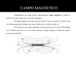 CAMPO MAGNÉTICO    	Analogamente ao campo elétrico, denominamos campo magnéticoa região ao redor de um ímã na qual ocorre um efeito magnético.	Sua representação é feita por meio de linhas de campo ou linhas de indução, que são linhas imaginárias fechadas  que saem do pólo norte e entram no pólo sul.	Cada ponto de um campo magnético é caracterizado por um vetor B denominado vetor indução magnética  ou  vetor campo magnético, sempre tangente às linhas de campo e no meso sentido delas.