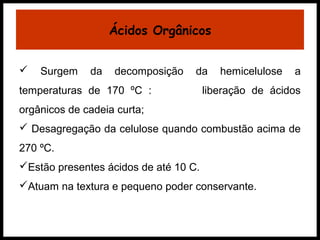 Ácidos Orgânicos 
 Surgem da decomposição da hemicelulose a 
temperaturas de 170 ºC : liberação de ácidos 
orgânicos de cadeia curta; 
 Desagregação da celulose quando combustão acima de 
270 ºC. 
Estão presentes ácidos de até 10 C. 
Atuam na textura e pequeno poder conservante. 
 