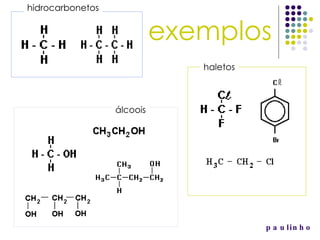paulinho exemplos hidrocarbonetos haletos álcoois 