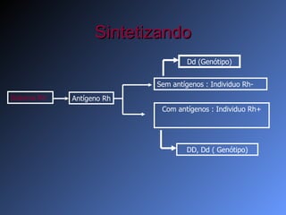 Sintetizando Sistema Rh Sem antígenos : Individuo Rh- Com antígenos : Individuo Rh+ Dd (Genótipo) DD, Dd ( Genótipo) Antígeno Rh 