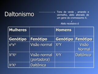 Daltonismo Tons de verde , amarelo e vermelho, alelo alterado de um gene do cromossomo X. Alelo recessivo d Mulheres Homens Genótipo Fenótipo Genótipo Fenótipo x D x D Visão normal X D Y Visão Normal X D X d Visão normal (portadora) X d Y Daltônico X d X d Daltônica 