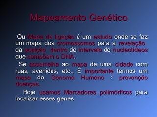 Mapeamento Genético Ou  Mapa de ligação  é um  estudo  onde se faz um mapa dos  cromossomos  para a  revelação   da  posição  dentro  do  intervalo  de  nucleotídeos  que  compõem o DNA .  Se  assemelha  ao  mapa  de uma  cidade  com ruas, avenidas, etc.. É  importante  termos um  mapa  do  Genoma Humano  :  prevenção doenças. Hoje  usamos   Marcadores polimórficos  para localizar esses genes  