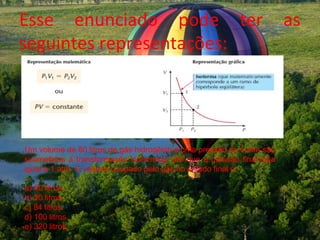 Esse enunciado pode ter                                               as
seguintes representações:




Um volume de 80 litros de gás hidrogênio a uma pressão de 4 atm são
submetidos à transformação isotérmica, até que a pressão final seja
igual a 1 atm. O volume ocupado pelo gás no estado final é:

a) 40 litros.
b) 20 litros.
c) 84 litros.
d) 100 litros.
e) 320 litros.
 