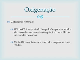  
 Condições normais: 
 97% do O2 transportado dos pulmões para os tecidos 
são carreados em combinação química com a Hb no 
interior das hemácias 
 3% do O2 encontram-se dissolvidos no plasma e nas 
células. 
Oxigenação 
 