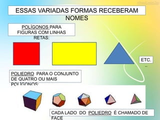 ESSAS VARIADAS FORMAS RECEBERAM
NOMES
POLÍGONOS PARA
FIGURAS COM LINHAS
RETAS:
ETC.
..
POLIEDRO PARA O CONJUNTO
DE QUATRO OU MAIS
POLÍGONOS:
CADA LADO DO POLIEDRO É CHAMADO DE
FACE
 