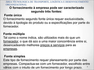 ÁREA TÉCNOLOGICA DE TRANSPORTE, LOGÍSTICA E DESENVOLVIMENTO
ORGANIZACIONAL
O fornecimento à empresa pode ser caracterizado
segundo três fontes:
Fonte única
O fornecimento segundo fonte única requer exclusividade,
devido à tipologia do produto ou a especificações por parte do
fornecedor.
Fonte múltipla
Tal como o nome indica, são utilizados mais do que um
fornecedor, o que dá azo a uma maior concorrência entre si,
desencadeando melhores preços e serviços para as
empresas.
Fonte simples
Este tipo de fornecimento requer planeamento por parte das
empresas. Compactua-se com um fornecedor, escolhido entre
vários com o intuito de um fornecimento por longo prazo.
 