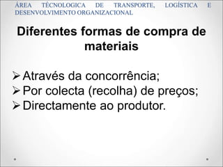 ÁREA TÉCNOLOGICA DE TRANSPORTE, LOGÍSTICA E
DESENVOLVIMENTO ORGANIZACIONAL
Diferentes formas de compra de
materiais
Através da concorrência;
Por colecta (recolha) de preços;
Directamente ao produtor.
 
