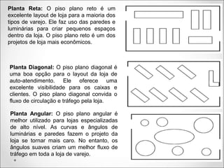 Planta Reta: O piso plano reto é um
excelente layout de loja para a maioria dos
tipos de varejo. Ele faz uso das paredes e
luminárias para criar pequenos espaços
dentro da loja. O piso plano reto é um dos
projetos de loja mais econômicos.
Planta Diagonal: O piso plano diagonal é
uma boa opção para o layout da loja de
auto-atendimento. Ele oferece uma
excelente visibilidade para os caixas e
clientes. O piso plano diagonal convida o
fluxo de circulação e tráfego pela loja.
Planta Angular: O piso plano angular é
melhor utilizado para lojas especializadas
de alto nível. As curvas e ângulos de
luminárias e paredes fazem o projeto da
loja se tornar mais caro. No entanto, os
ângulos suaves criam um melhor fluxo de
tráfego em toda a loja de varejo.
 
