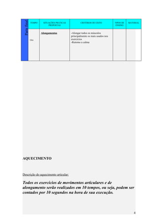 Parte final
               TEMPO    SITUAÇÕES PRÁTICAS           CRITÉRIOS DE EXITO          TIPOS DE   MATERIAL
                            PROPOSTAS                                             ENSINO


                       Alongamentos          -Alongar todos os músculos
                                             principalmente os mais usados nos
               10m                           exercícios
                                             -Retorno a calma




AQUECIMENTO



Descrição do aquecimento articular:

Todos os exercícios de movimentos articulares e de
alongamento serão realizados em 10 tempos, ou seja, podem ser
contados por 10 segundos na hora de sua execução.



                                                                                                4
 