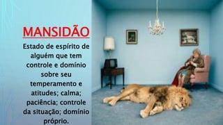 MANSIDÃO
Estado de espírito de
alguém que tem
controle e domínio
sobre seu
temperamento e
atitudes; calma;
paciência; controle
da situação; domínio
próprio.
 