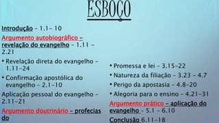 ESBOÇO
Introdução – 1.1- 10
Argumento autobiográfico –
revelação do evangelho – 1.11 -
2.21
• Revelação direta do evangelho –
1.11-24
• Confirmação apostólica do
evangelho – 2.1-10
Aplicação pessoal do evangelho –
2.11-21
Argumento doutrinário – profecias
do
• Promessa e lei – 3.15-22
• Natureza da filiação – 3.23 – 4.7
• Perigo da apostasia – 4.8-20
• Alegoria para o ensino – 4.21-31
Argumento prático – aplicação do
evangelho – 5.1 – 6.10
Conclusão 6.11-18
 