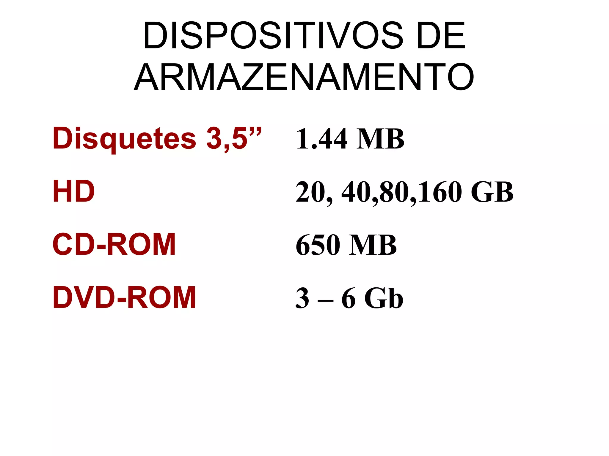 DISPOSITIVOS DE ARMAZENAMENTO Disquetes 3,5” 1.44 MB HD 20, 40,80,160 GB CD-ROM 650 MB DVD-ROM 3 – 6 Gb 