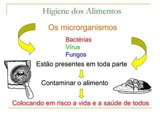 Higiene dos Alimentos
Os microrganismos
Bactérias
Vírus
Fungos
Estão presentes em toda parte
Contaminar o alimento
Colocando em risco a vida e a saúde de todos
 