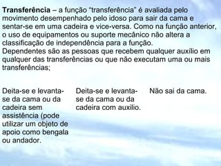 Transferência – a função “transferência” é avaliada pelo 
movimento desempenhado pelo idoso para sair da cama e 
sentar-se em uma cadeira e vice-versa. Como na função anterior, 
o uso de equipamentos ou suporte mecânico não altera a 
classificação de independência para a função. 
Dependentes são as pessoas que recebem qualquer auxílio em 
qualquer das transferências ou que não executam uma ou mais 
transferências; 
Deita-se e levanta-se 
da cama ou da 
cadeira sem 
assistência (pode 
utilizar um objeto de 
apoio como bengala 
ou andador. 
Deita-se e levanta-se 
da cama ou da 
cadeira com auxilio. 
Não sai da cama. 
 