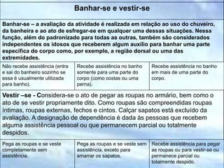 Banhar-se e vestir-se
Banhar-se – a avaliação da atividade é realizada em relação ao uso do chuveiro,
da banheira e ao ato de esfregar-se em qualquer uma dessas situações. Nessa
função, além do padronizado para todas as outras, também são considerados
independentes os idosos que receberem algum auxílio para banhar uma parte
específica do corpo como, por exemplo, a região dorsal ou uma das
extremidades.
Não recebe assistência (entra
e sai do banheiro sozinho se
essa é usualmente utilizada
para banho).
Recebe assistência no banho
somente para uma parte do
corpo (como costas ou uma
perna).
Recebe assistência no banho
em mais de uma parte do
corpo.
Vestir –se - Considera-se o ato de pegar as roupas no armário, bem como o
ato de se vestir propriamente dito. Como roupas são compreendidas roupas
íntimas, roupas externas, fechos e cintos. Calçar sapatos está excluído da
avaliação. A designação de dependência é dada às pessoas que recebem
alguma assistência pessoal ou que permanecem parcial ou totalmente
despidos.
Pega as roupas e se veste
completamente sem
assistência.
Pega as roupas e se veste sem
assistência, exceto para
amarrar os sapatos.
Recebe assistência para pegar
as roupas ou para vestir-se ou
permanece parcial ou
totalmente despido.
 
