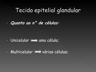 -   Quanto ao n° de células:



-   Unicelular     uma célula;

-   Multicelular    várias células;
 