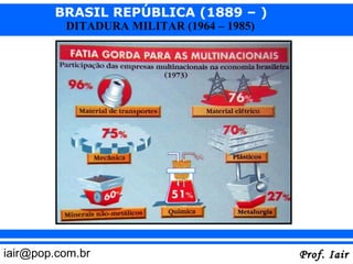 BRASIL REPÚBLICA (1889 – )
          DITADURA MILITAR (1964 – 1985)




iair@pop.com.br                            Prof. Iair
 