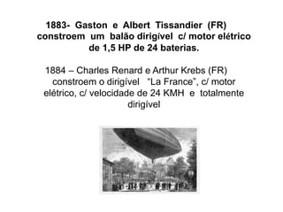 1883- Gaston e Albert Tissandier (FR)
constroem um balão dirigível c/ motor elétrico
de 1,5 HP de 24 baterias.
1884 – Charles Renard e Arthur Krebs (FR)
constroem o dirigível “La France”, c/ motor
elétrico, c/ velocidade de 24 KMH e totalmente
dirigível
 