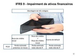 IFRS 9 - Impairment de ativos financeiros
Abordagem de três estágios
Risco de crédito
inicial
Risco de crédito
>
Risco de crédito
inicial
Evento de default
PCLD
Perda estimada
próximos 12 meses
Perda estimada
toda vida do IF
Perda estimada
toda vida do IF
12
 