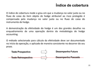 Teste Prospectivo Desempenho Futuro
Teste Retrospectivo Desempenho Passado
O índice de cobertura mede o grau em que a mudança no valor justo ou no
fluxo de caixa do item objeto de hedge atribuível ao risco protegido é
compensada pela mudança no valor justo ou no fluxo de caixa do
instrumento de hedge.
A demonstração da efetividade do hedge é um dos grandes desafios no
enquadramento de uma operação dentro da metodologia de hedge
accounting.
O método selecionado para cálculo da efetividade deve ser documentado
no início da operação, e aplicado de maneira consistente no decorrer do seu
prazo.
Índice de cobertura
21
 