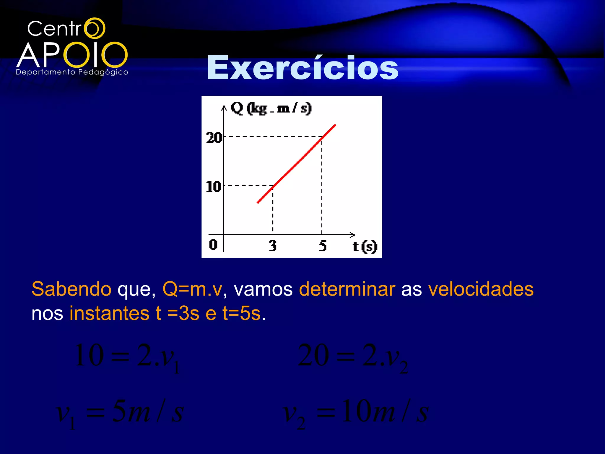 Exercícios




Sabendo que, Q=m.v, vamos determinar as velocidades
nos instantes t =3s e t=5s.

    10 = 2.v1             20 = 2.v2
  v1 = 5m / s            v2 = 10m / s
 