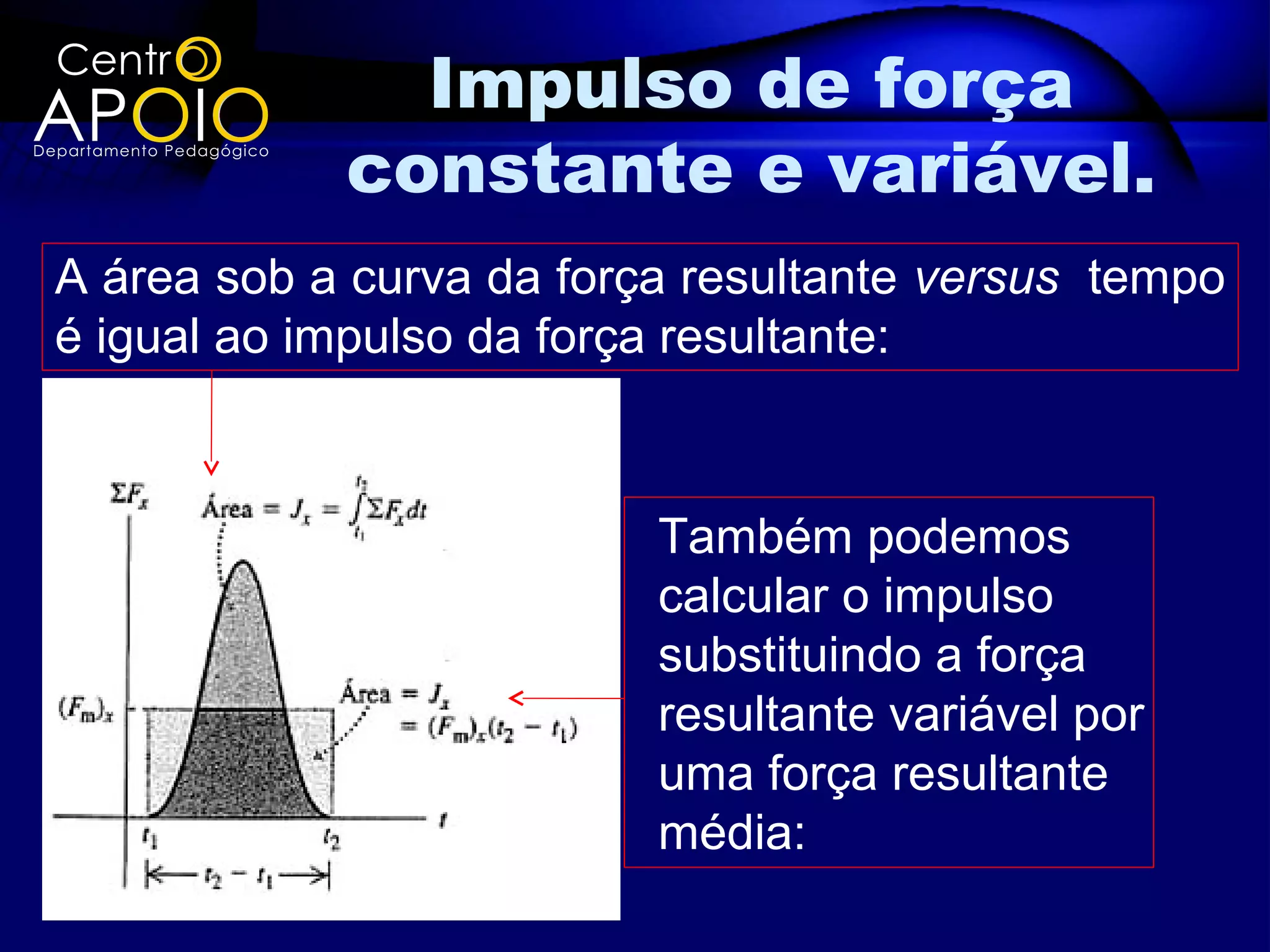 Impulso de força
            constante e variável.
A área sob a curva da força resultante versus tempo
é igual ao impulso da força resultante:



                          Também podemos
                          calcular o impulso
                          substituindo a força
                          resultante variável por
                          uma força resultante
                          média:
 