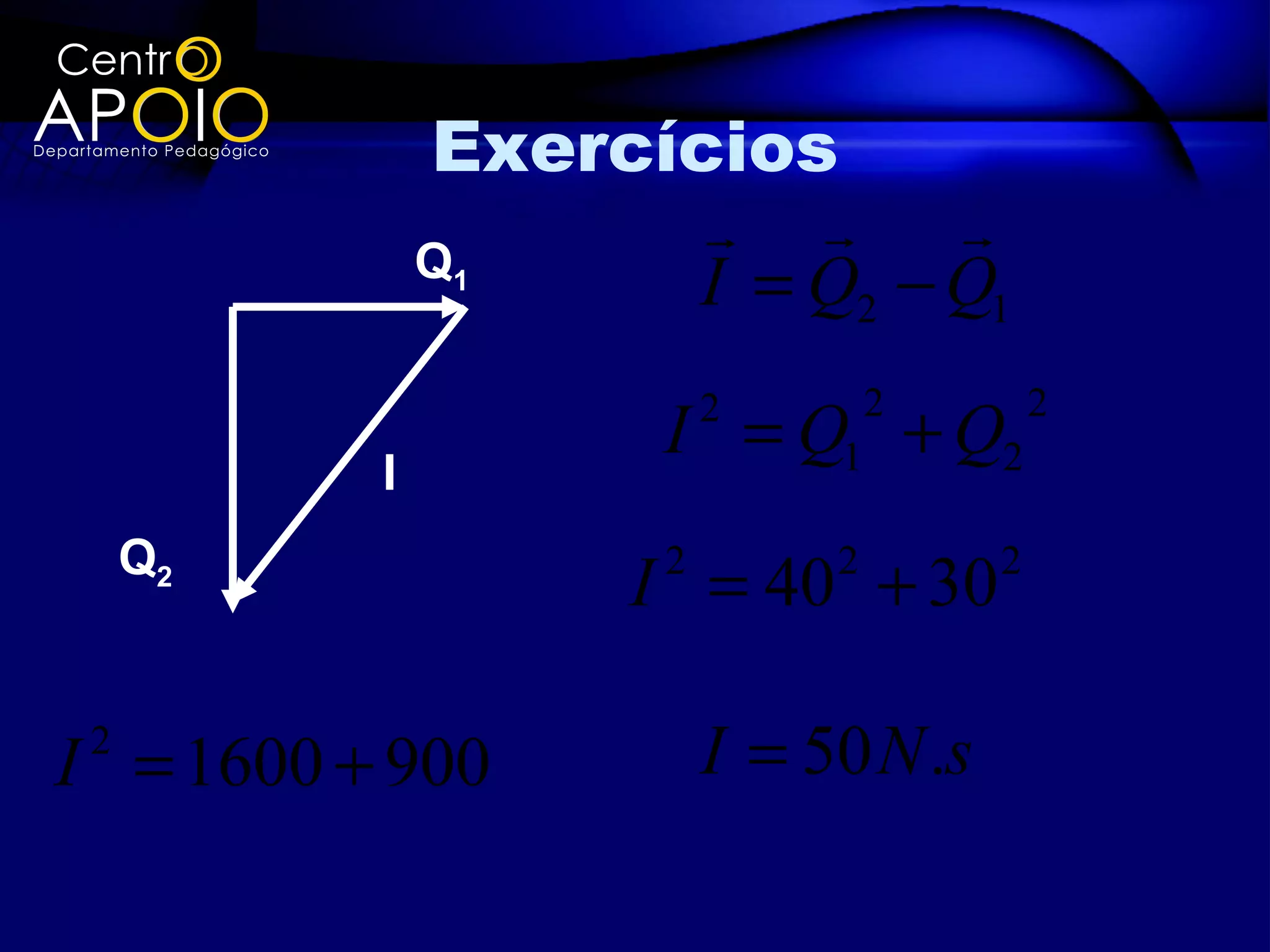 Exercícios
                           
              Q1
                    I = Q2 − Q1
                                  2        2
                     I = Q1 + Q2
                         2
          I
     Q2
                    I = 40 + 30
                     2        2        2




I = 1600 + 900
 2                       I = 50 N .s
 